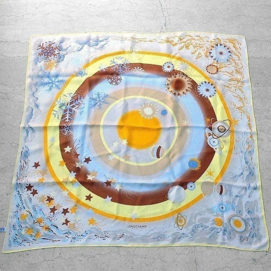 Longchamp Ecru Yellow Brown Blue Sun & Planets 87cm Square 100% Silk Scarf