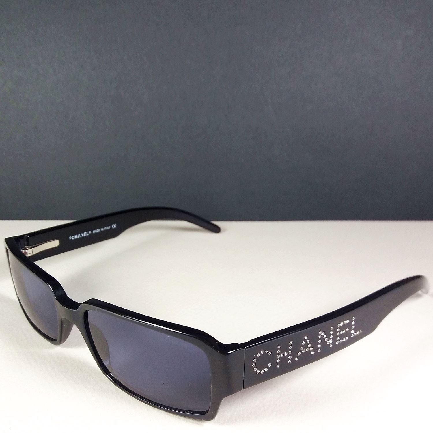 Chanel 5060-B c.501/91 135 Swarovski Full Logo Black Sunglasses in Case &  Box –