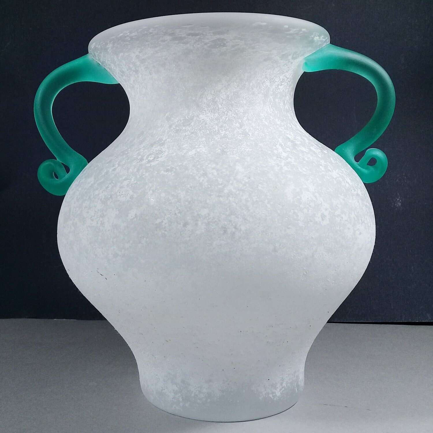 Vintage Italian Scavo Amphora Vase Frosted Glass w/Turquoise Seahorse Handles