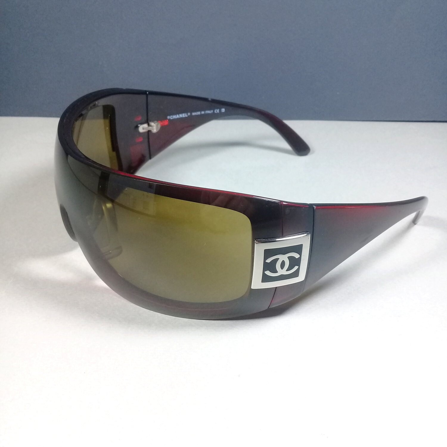 Chanel 5086 Burgundy/Green Visor Wrap Mask Sunglasses Silver CC Logos –