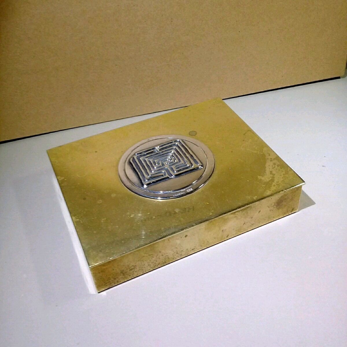 Ilias LALAOUNIS 1970s Knossos Labyrinth Brass Sterling Silver Cigarette Box