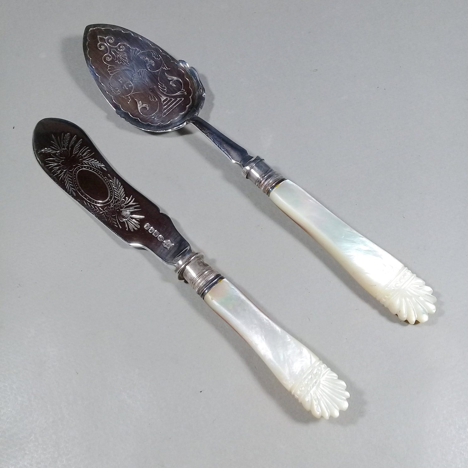 Briddon Brothers Silverplate & Mother of Pearl Butter Knife and Spoon Set Early 20th c.