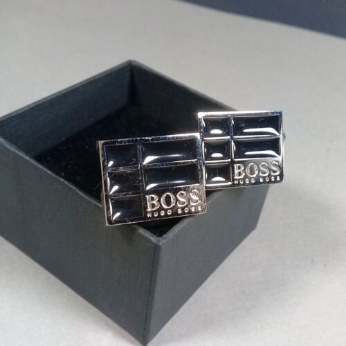 Hugo Boss Silver/Black Enamel Square Cufflinks in Box