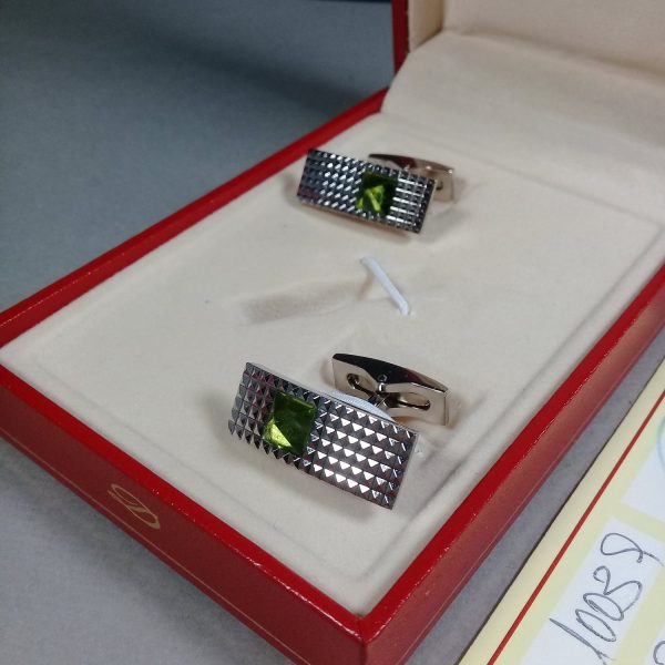 S. T. Dupont Paris Silver Metal Cufflinks with Green Crystal Pyramid in Case w/COA