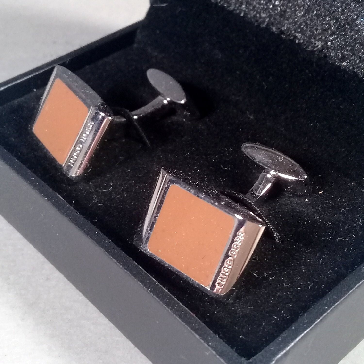 Hugo Boss Terra Brown Silver Rectangular Enamel Cufflinks in Original Box