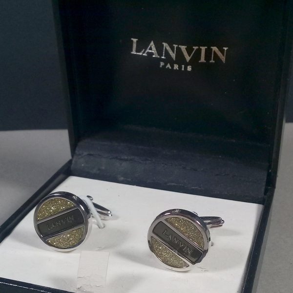 Lanvin Paris Silver/Green Round Logos Enamel Cufflinks in Box